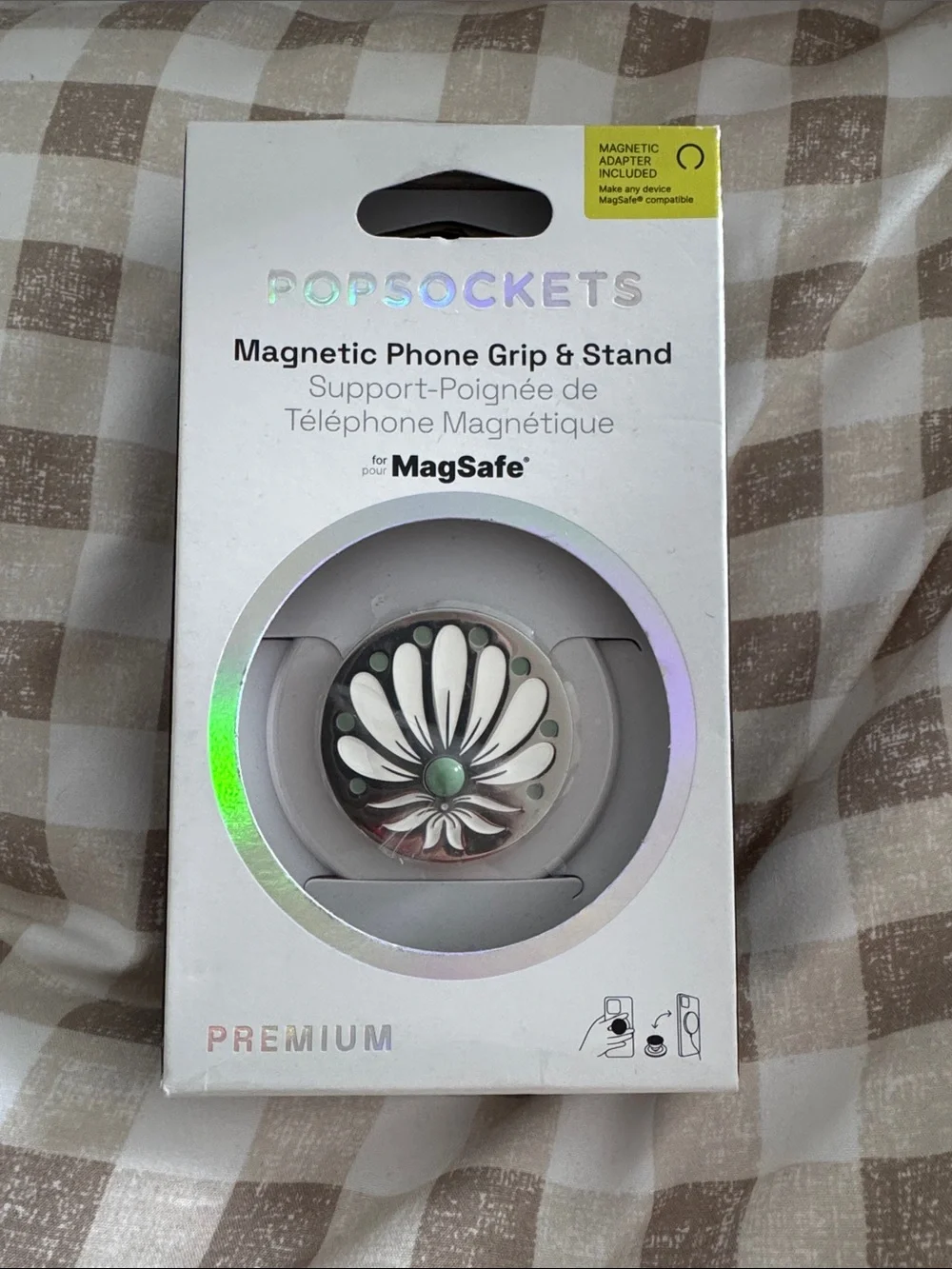 PopSocket Magnetic Phone Grip & Stand – Silver with White Floral Accent